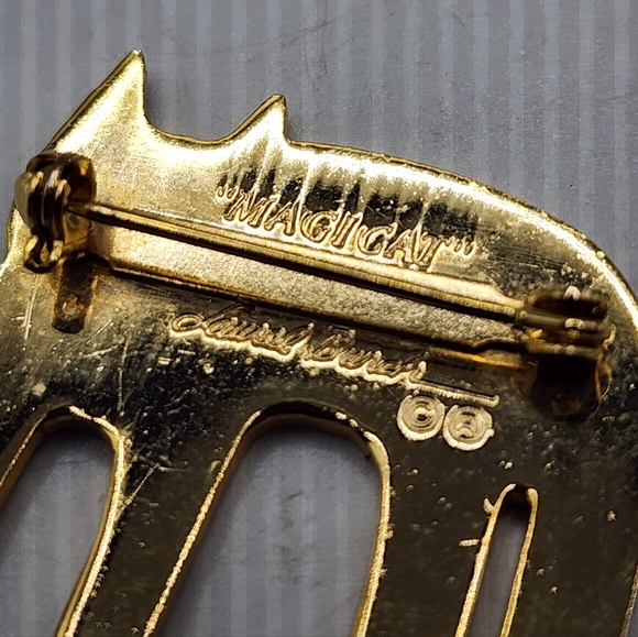 VTG Laurel Burch “Magicat” Gold Tone Enamel Cat Brooch, Orange Red, Blue Pin - Picture 6 of 6